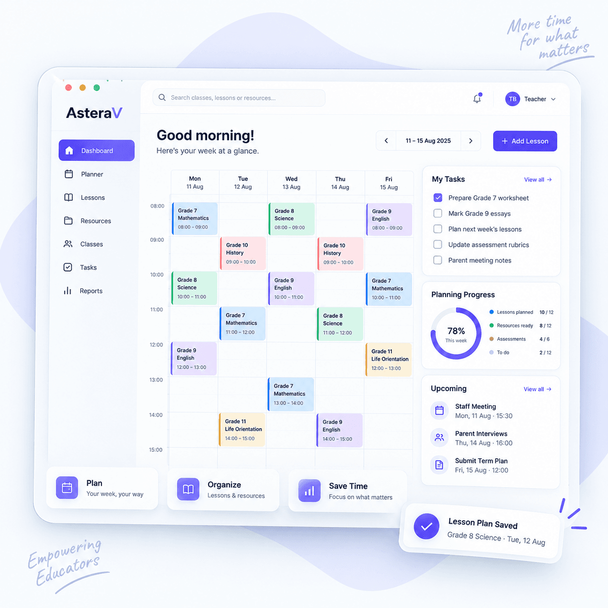 AsteraV teacher planning dashboard